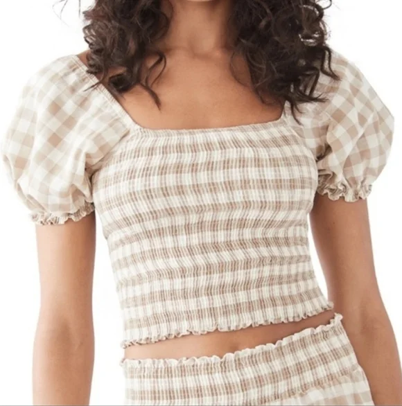 NEW Peixoto Smocked Cream and Tan Gingham Checkered Crop Top Large - Picture 2 of 10